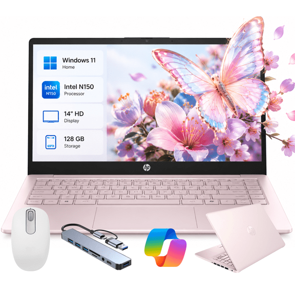 HP Newest 14" Laptop, Slim Light Laptop Computer for Students and Business, Intel N150, 1 Year Office 365, Win 11, 16GB RAM, 128GB Emmc, Rose Gold Gift Set
