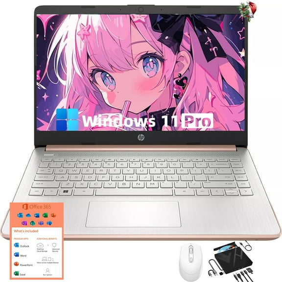 HP Newest Slim Everyday Laptop - 14" HD Display, Intel Quad-Core N4120, Windows 11 Pro & 1-Year Microsoft 365&1TB OneDrive Cloud Storage 8GB RAM, 128GB eMMC+256GB SD Card, Accessoires,Rosegold