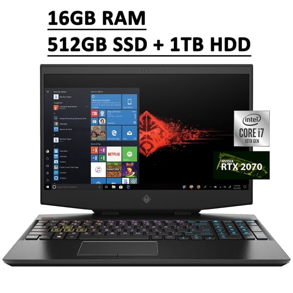 HP OMEN 15 Gaming Laptop 15.6" FHD 144Hz IPS 72% NTSC Display 10th Gen Intel 6-Core i7-10750H 16GB RAM 512GB SSD 1TB HDD GeForce RTX 2070 8GB RGB Backlit Keyboard Thunderbolt WiFi6 Win10 Black