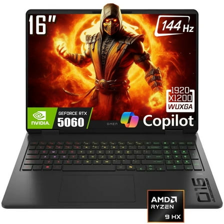 HP OMEN 16" Gaming Laptop, 144Hz 1920 x 1200 Display, Ryzen 9 8940HX, GeForce RTX 5060, RGB Backlit Keyboard, 1080p Webcam, WiFi 6E, Windows 11 Home, Black(32GB DDR5 RAM | 1TB SSD)