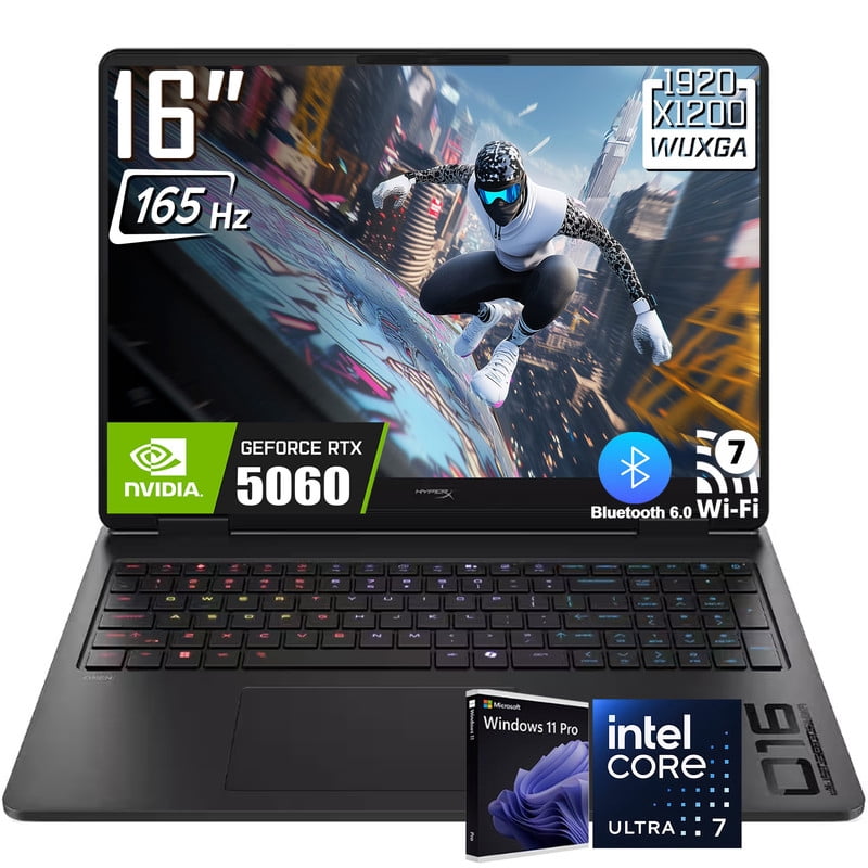HP OMEN 16 HyperX Gaming Laptop, 16" 1920 x 1200 165Hz LED Display, Intel Core Ultra 7 356H, NVIDIA RTX 5060, RGB Backlit KB, Windows 11 Pro(16GB DDR5 RAM - 512GB SSD)