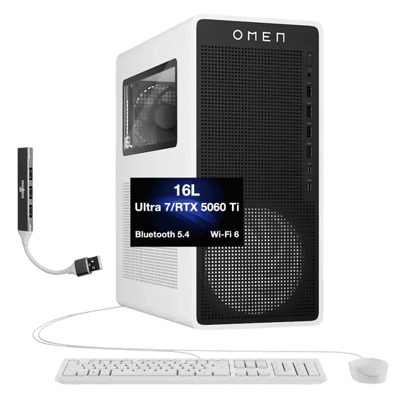 HP OMEN 16L AI Gaming Desktop Computer, Ultra 7 265F, 16GB, 1TB SSD, Silver