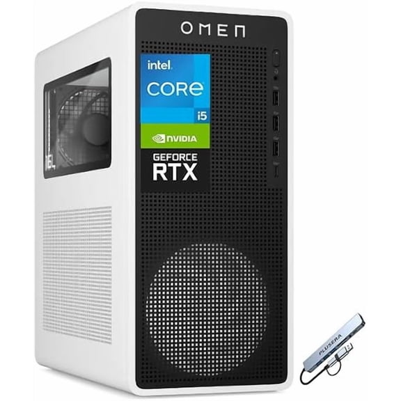 HP OMEN 16L Gaming Desktop, 10-Core Intel i5-14400F Processor, NVIDIA GeForce RTX 3050 Graphics, 16GB DDR5 RAM 1TB PCIe SSD, Windows 11 Pro, Display Ports, RJ-45, PLUSERA 8-in-1 Hub Included, White