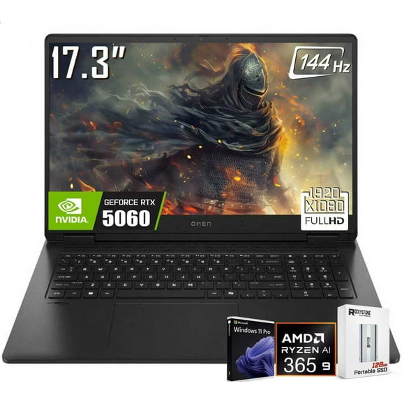 HP OMEN 17 Gaming Laptop, 17.3" 1920 x 1080 144Hz FHD Display, AMD Ryzen AI 9 365, GeForce RTX 5060, RGB Backlit KB, 1080p Webcam, 128GB Portable SSD, Windows 11 Pro(64GB DDR5 RAM - 4TB SSD)
