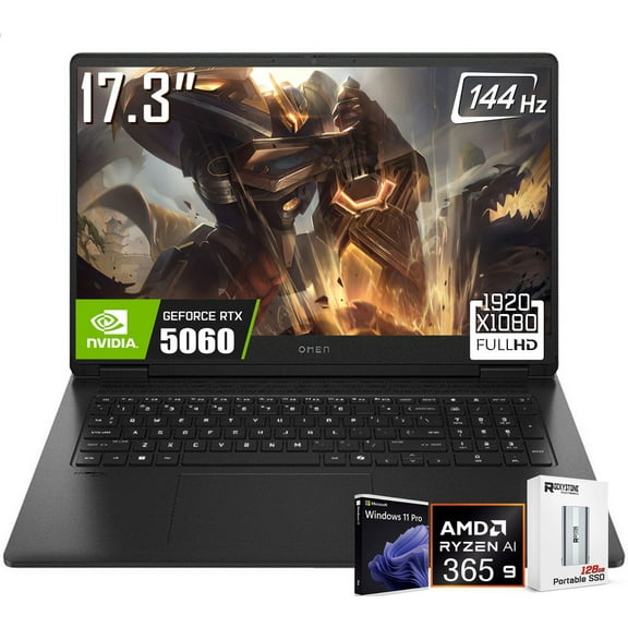 HP OMEN 17 Gaming Laptop, 17.3" 1920 x 1080 144Hz FHD Display, AMD Ryzen AI 9 365, GeForce RTX 5060, RGB Backlit KB, 1080p Webcam, 128GB Portable SSD, Windows 11 Pro(64GB DDR5 RAM / 2TB SSD)
