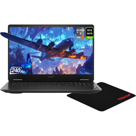 HP OMEN 17 Gaming Laptop, AMD Ryzen AI 7-350, 96 GB DDR5 RAM, 2 TB PCIe SSD, 17.3" QHD (2560x1440)240Hz, Nvidia G-Force RTX 5070, 1-zone Backlit Keyboard, W11 Home, Shadow Black+Traix MousePad