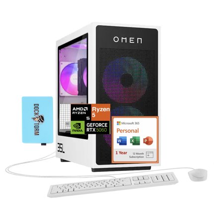 HP OMEN 35L AI Gaming Desktop PC (AMD Ryzen 5 8400F, GeForce RTX 5060 8GB GDDR7, 16GB DDR5, 1TB PCIe SSD + 3TB HDD, Win 11 Pro) w/Microsoft 365 Personal , DKZ USB Port Expander