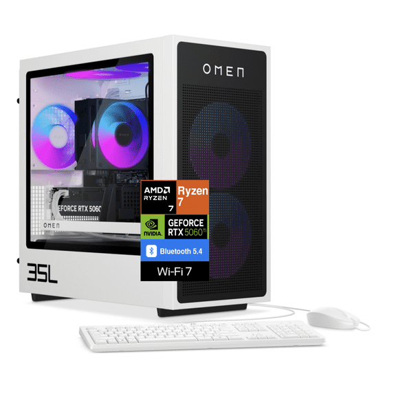 HP OMEN 35L AI Gaming Desktop PC (AMD Ryzen 7 8700F, GeForce RTX 5060 Ti 16GB GDDR7, 128GB DDR5, 8TB PCIe SSD, RGB Fans, 500W PSU, WiFi 7, Bluetooth 5.4, RJ-45, 3 Display Port, HDMI, Win 11 Home)