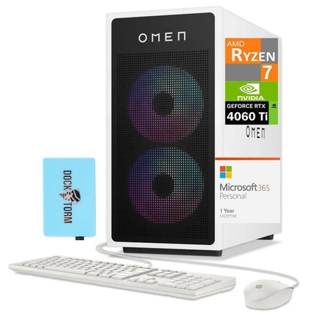 HP OMEN 35L Gaming Desktop PC (AMD Ryzen 7 8700G, GeForce RTX 4060 Ti 8GB GDDR6, 16GB DDR5, 128GB PCIe SSD + 1TB HDD, RGB Fans, Win 11 Pro) w/Microsoft 365 Personal , DKZ USB Port Expander
