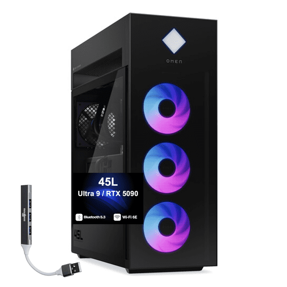 HP OMEN 45L Gaming Desktop PC (Intel Ultra 9- 285K, NVIDIA GeForce RTX 5090 32GB GDDR7, 64GB DDR5, 128GB PCIe SSD + 2TB HDD, RGB Fans, 360mm AIO, 1200W PSU, Win 11 Pro) w/DKZ USB Port Expander