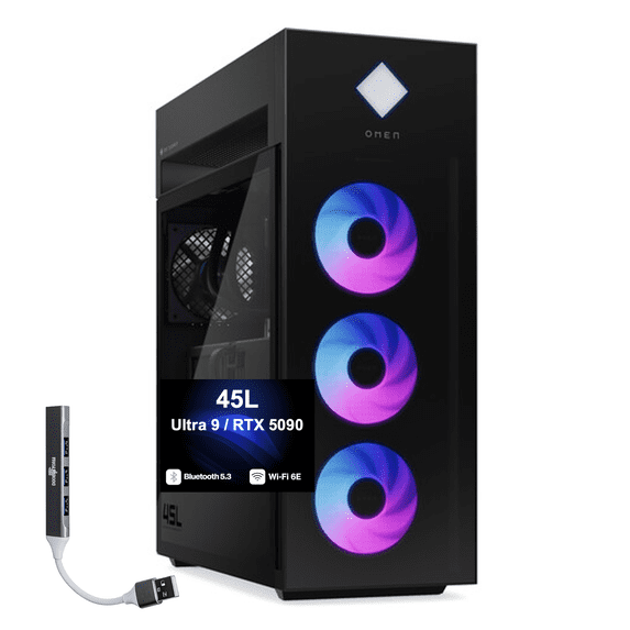 HP OMEN 45L Gaming Desktop PC (Intel Ultra 9- 285K, NVIDIA GeForce RTX 5090 32GB GDDR7, 64GB DDR5, 1TB PCIe SSD + 3TB HDD, RGB Fans, 360mm AIO, 1200W PSU, WiFi 6E, Win 11 Pro) w/DKZ USB Port Expander