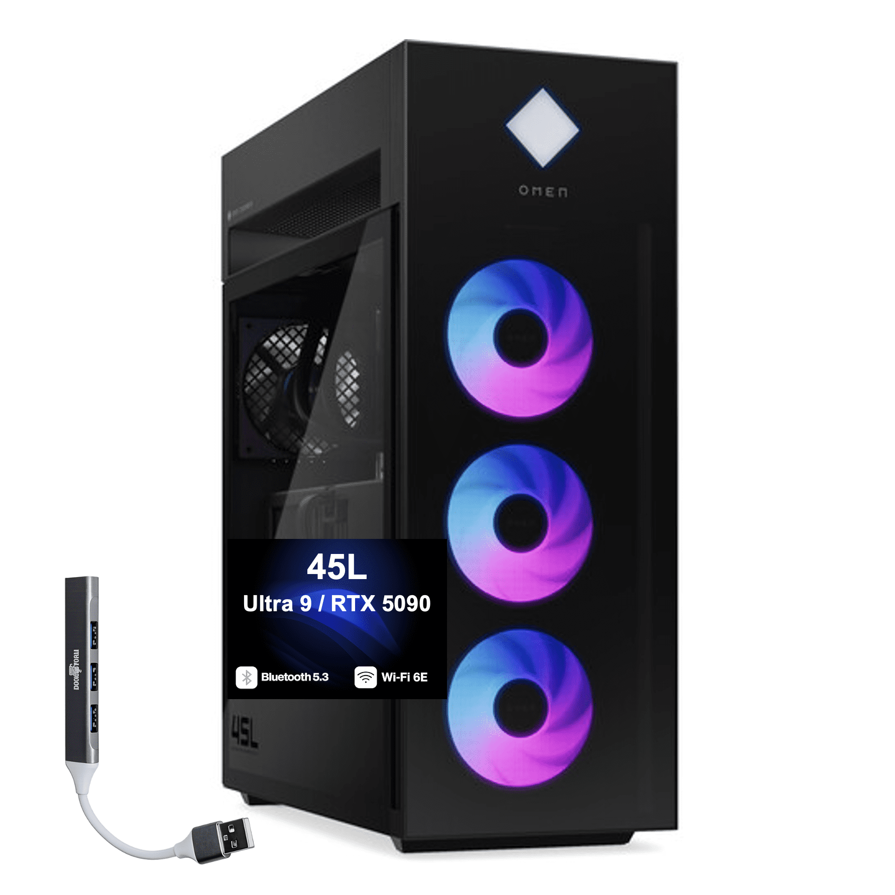 HP OMEN 45L Gaming Desktop PC (Intel Ultra 9- 285K, NVIDIA GeForce RTX 5090 32GB GDDR7, 64GB DDR5, 512GB PCIe SSD + 2TB HDD, RGB Fans, 360mm AIO, 1200W PSU, Win 11 Pro) w/DKZ USB Port Expander