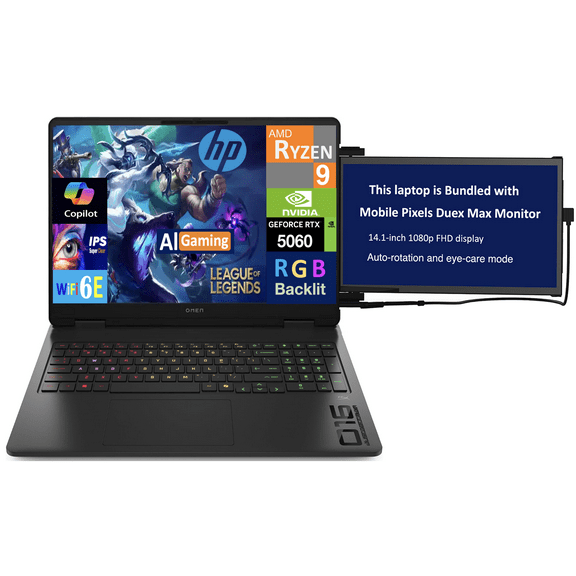 HP OMEN AI Gaming Laptop 16.0in 144Hz IPS WUXGA Display (AMD Ryzen 9 8940HX, NVIDIA GeForce RTX 5060 8GB, 32GB DDR5, 4TB PCIe SSD, 3-Zone RGB KB, WiFi 6E, Webcam, Win 11 Pro) w/Duex Max DS Monitor