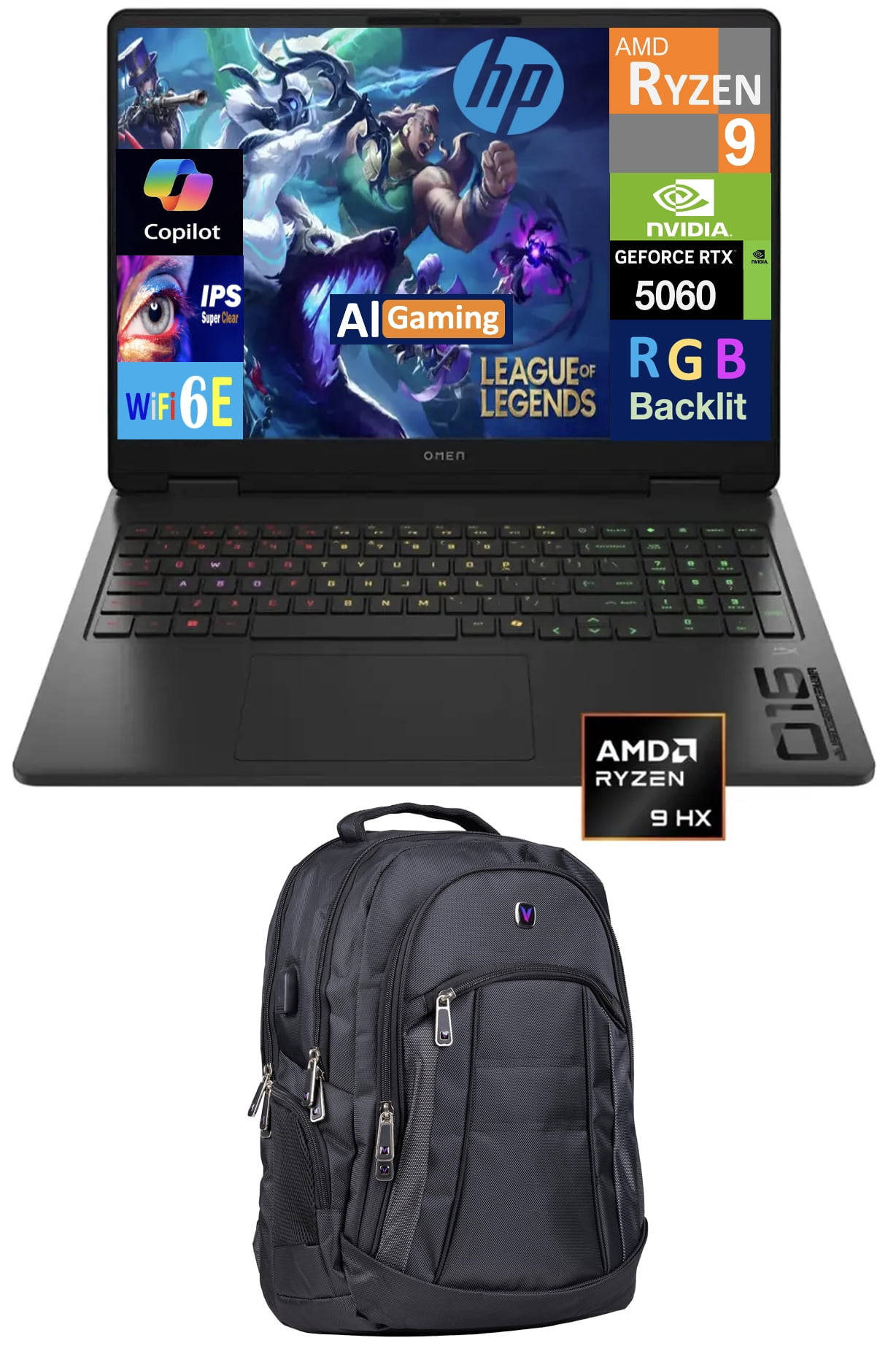 HP OMEN AI Gaming Laptop 16.0in 144Hz IPS WUXGA Display (AMD Ryzen 9 8940HX, NVIDIA GeForce RTX 5060 8GB, 64GB DDR5, 2TB PCIe SSD, 3-Zone RGB KB, WiFi 6E, Webcam, Win 11 Pro) w/Premium Backpack