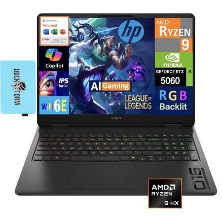 HP OMEN AI Gaming Laptop 16.0in 144Hz IPS WUXGA Display (AMD Ryzen 9 8940HX, NVIDIA GeForce RTX 5060 8GB, 64GB DDR5, 2TB PCIe SSD, Win 11 Home) w/Microsoft 365 Personal , DKZ USB Port Expander