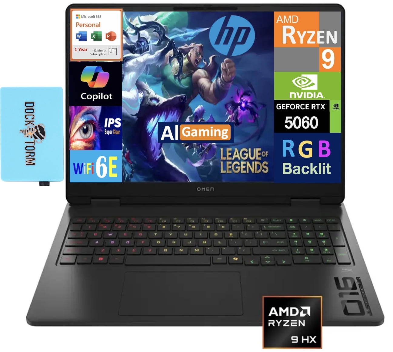 HP OMEN AI Gaming Laptop 16.0in 144Hz IPS WUXGA Display (AMD Ryzen 9 8940HX, NVIDIA GeForce RTX 5060 8GB, 64GB DDR5, 4TB PCIe SSD, Win 11 Pro) w/Microsoft 365 Personal , DKZ USB Port Expander