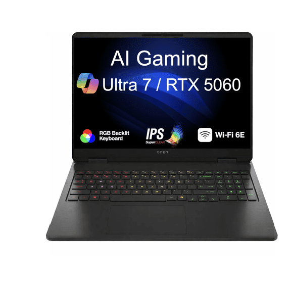HP OMEN AI Gaming Laptop 16.0in 144Hz IPS WUXGA Display (Intel Ultra 7-255H, NVIDIA GeForce RTX 5060 8GB, 16GB DDR5, 1TB PCIe SSD, RGB KB, WiFi 6E, Webcam, Bluetooth 5.4, Win 11 Pro)