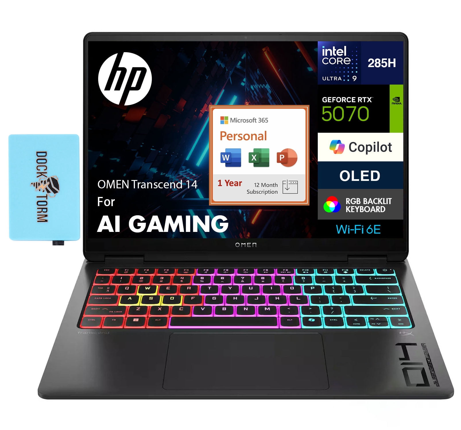HP OMEN Transcend 14 AI Gaming Laptop 14.0in 2.8K (Intel Ultra 9-285H, GeForce RTX 5070 8GB, 32GB LPDDR5X, 2TB PCIe SSD, Win 11 Home) w/Microsoft 365 Personal , DKZ USB Port Expander