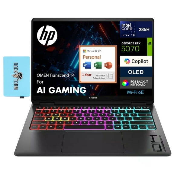 HP OMEN Transcend 14 AI Gaming Laptop 14.0in 2.8K (Intel Ultra 9-285H, GeForce RTX 5070 8GB, 32GB LPDDR5X, 2TB PCIe SSD, Win 11 Pro) w/Microsoft 365 Personal , DKZ USB Port Expander