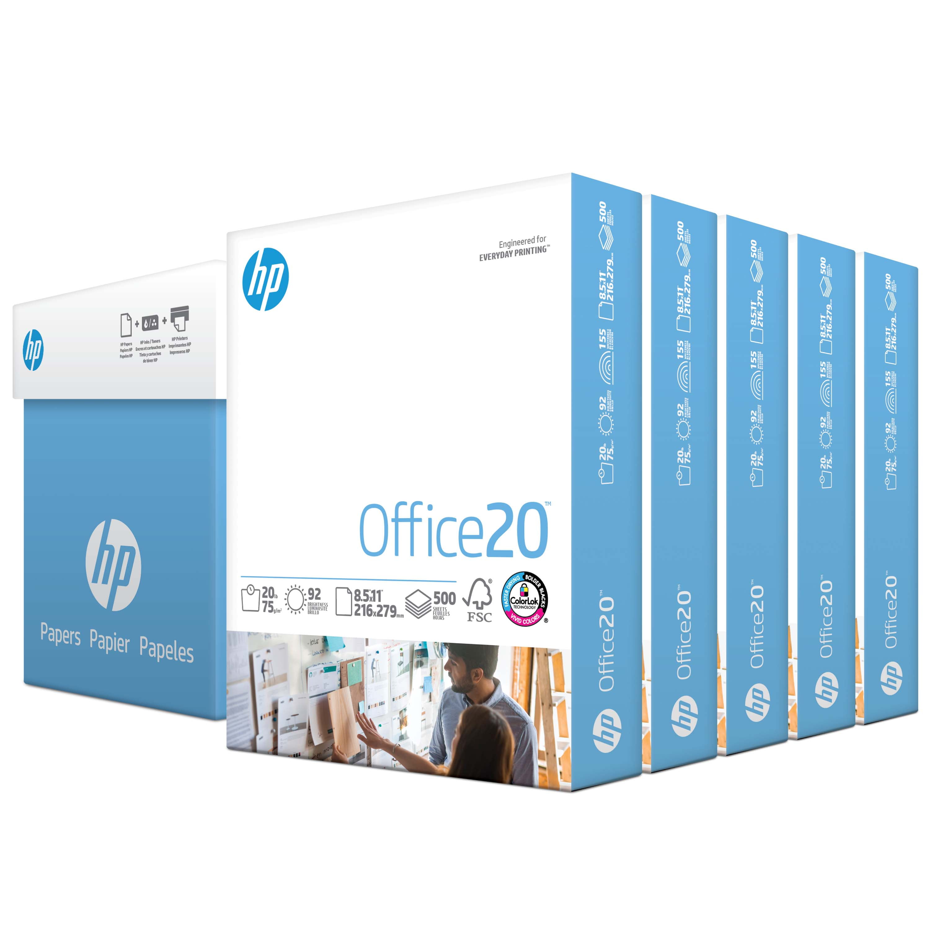 HP Papers Office20 Paper, 92 Bright, 20lb, 8.5 x 11, White, 500 Sheets/Ream, 5 Reams/Carton