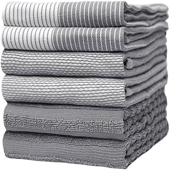 Premium Kitchen Towels (20”x 28”, 6 Pack) – Large Cotton Kitchen Hand Towels – Flat & Terry Towel – Highly Absorbent Tea Towels Set With Hanging Loop – Grey