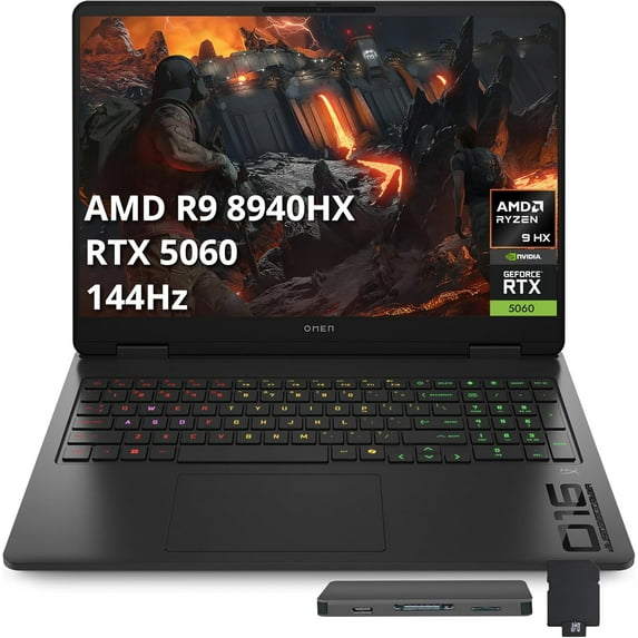 HP Omen 16" 2K 144Hz Gaming Laptop, AMD Ryzen 9 8940HX, GeForce RTX 5060 Graphics, 64GB DDR5, 2TB SSD, 4-Zone RGB Backlit Keyboard, Copilot, Win 11 Pro, Shadow Black, 1TB Docking Station Set
