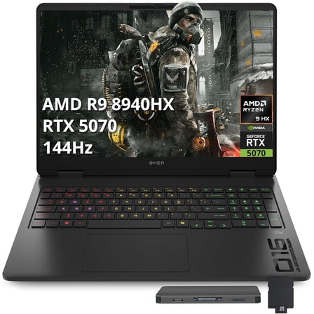 HP Omen 16" FHD 144Hz Gaming Laptop, AMD Ryzen 9 8940HX, NVIDIA GeForce RTX 5070, 16GB DDR5, 512GB PCIe SSD, Backlit Keyboard, Wi-Fi 6, FHD Camera, Win 11, Black, 1TB Docking Station Set