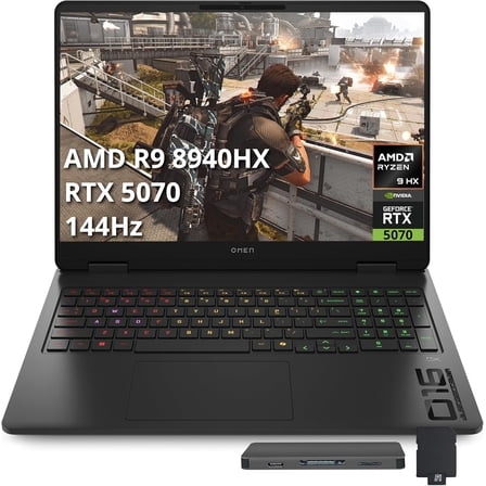 HP Omen 16" FHD 144Hz Gaming Laptop, AMD Ryzen 9 8940HX, NVIDIA GeForce RTX 5070, 16GB DDR5, 512GB PCIe SSD, Backlit Keyboard, Wi-Fi 6, FHD Camera, Win 11 Pro, Black, 1TB Docking Station Set
