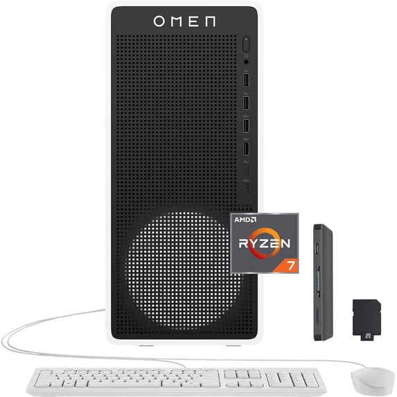 HP Omen 16L Gaming Desktop, AMD Ryzen 7 8700F, NVIDIA GeForce RTX 5060 8GB GDDR7, 32GB DDR5, 2TB Storage (1TB SSD+1TB Docking Station Set), Keyboard & Mouse, Win 11 Pro, White