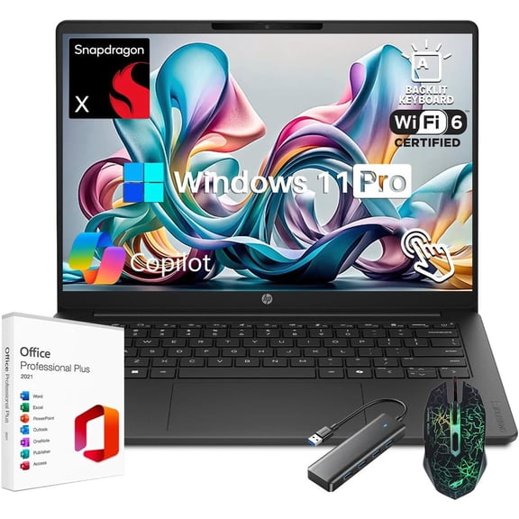 HP OmniBook 3 14 Touchscreen Laptop, Snapdragon X1 Processor(45 Tops NPU), 16GB RAM,512GB SSD, IPS Copilot+ AI PC, 12+ Hour Battery Life, Windows 11 Pro, WiFi 6E, Backlit Keyboard, Lifetime Office