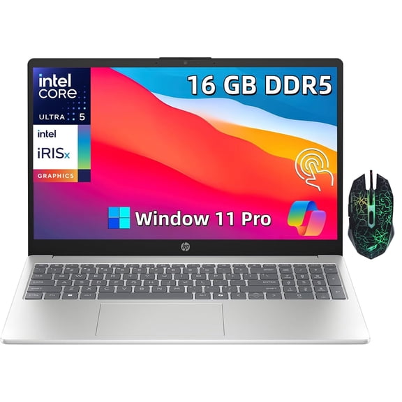 HP 15.6 Touchscreen Laptop , 16 GB DDR5 RAM 512 GB SSD , Intel Ultra 5 225U, 24 NPU TOPS ,15.6 inch Anti-glare LED Display , Intel Iris Xe Graphics , Windows 11 Pro , AI Noise Reduction