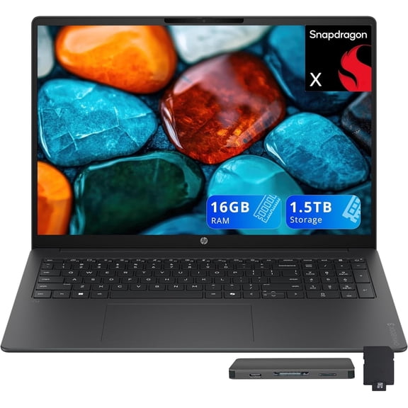 HP OmniBook 3 16" 2K AI Laptop, Snapdragon X X1-26-100, 16GB LPDDR5X, 1.5TB Storage (512GB SSD+1TB Docking Station), Copilot+ PC, Backlit Keyboard, FHD IR Camera, Wi-Fi 6, Windows 11, Iron Gray