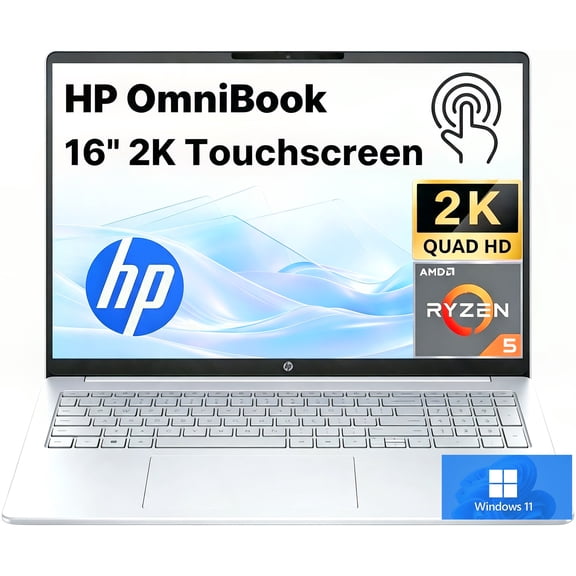 HP OmniBook 3 16 2K IPS Touchscreen Laptop, AMD Ryzen 5 CPU, 8GB LPDDR5 RAM,512GB Storage | AMD Radeon 610M Graphics, Microsoft Copilot Key, Advanced AI Noise Reduction, Win11 Pro, Glacier Silver