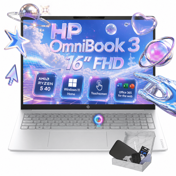HP OmniBook 3 16" Touchscreen Laptop, 2K IPS Display, AMD Ryzen 5 40 Series, 8GB LPDDR5 RAM, 512GB SSD, Office 365 for the web, Windows 11, Glacier Silver