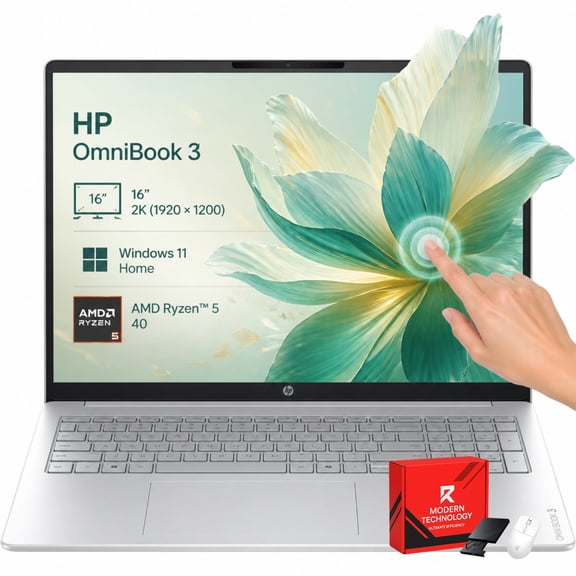HP OmniBook 3 16 Touchscreen Laptop, AMD Ryzen 5, 8GB LPDDR5, 256GB SSD, 16" 2K IPS Display, FHD HDR Camera with Privacy Shutter, Wi-Fi 6, Windows 11 Home