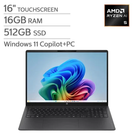 HP OmniBook 3 16" Touchscreen Laptop - AMD Ryzen AI 5 330 - Copilot+ PC - 2K (1920 x 1200) - 16GB Memory - 512GB SSD - Windows 11 Home