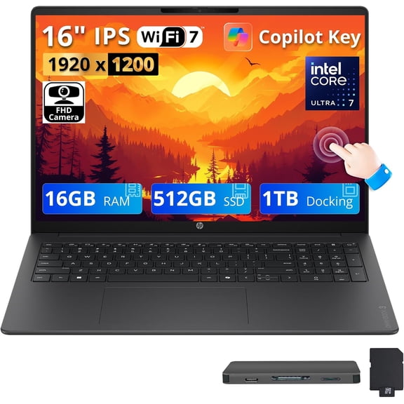 HP OmniBook 3 16" WUXGA IPS Touchscreen AI Laptop, Intel Core Ultra 7 255U, 16GB DDR5, 1.5TB Storage (512GB SSD+1TB Docking Station), Intel Graphics, Numeric Keypad, FHD Camera, Win 11, Mica Silver