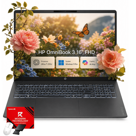 HP OmniBook 3 16" WUXGA Laptop, Intel Core Ultra 7 255U, 16GB DDR5 RAM, 512GB SSD, 1920 x 1200 LED-Backlit Display, Intel Graphics, Windows 11 Pro, Accessories
