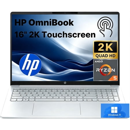 HP OmniBook 3 16 inch Laptop PC, 2K Touchscreen, AMD Ryzen 5 40, 8 GB LPDDR5 RAM, 256GB SSD, AMD Radeon 610M GPU, Windows 11 Pro, Glacier Silver, 16-by0015dx