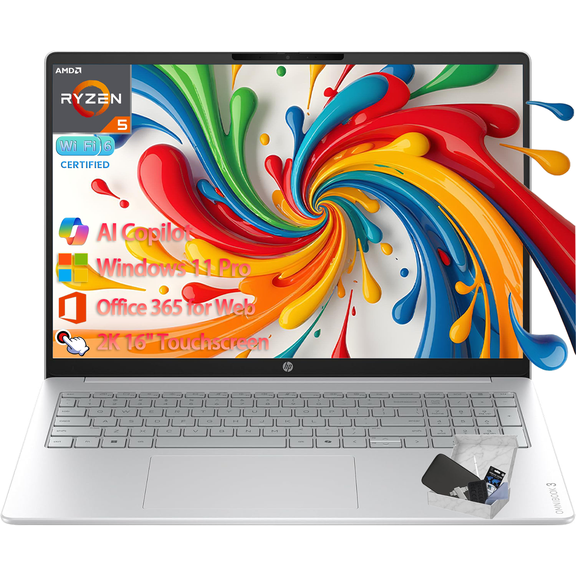 HP OmniBook 3 16 inch Laptop PC, 2K Touchscreen Display, AMD Ryzen 5 40, 8 GB RAM, 256 GB SSD, AMD Radeon 610M GPU, Windows 11 Pro, Glacier Silver