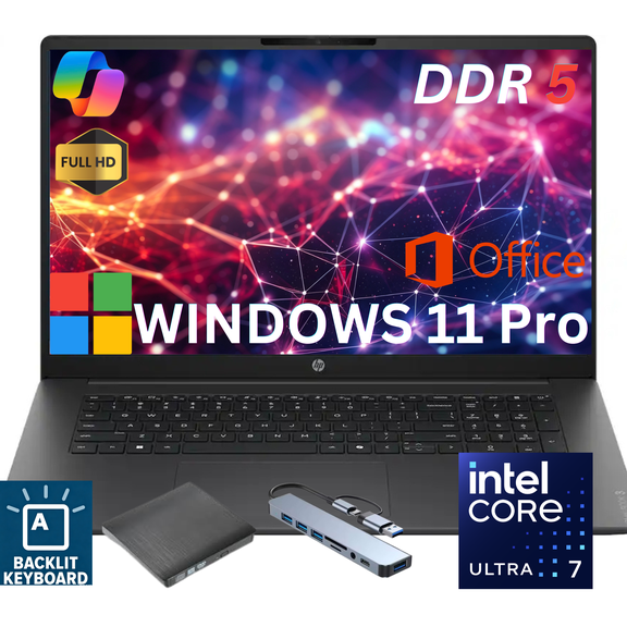HP OmniBook 3 17.3" 2K Full HD Laptop, Intel Core Ultra 7 255U, 16GB DDR5 RAM, 512GB SSD, Windows 11 Pro, Mica Silver