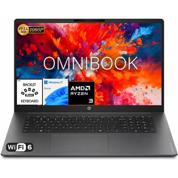 HP OmniBook 3 17.3" FHD Laptop, AMD Ryzen 3 30 Processor (Up to 4.1 GHz), 8GB DDR5 RAM, 256GB SSD, AMD Radeon Graphics, Backlit Keyboard, HDMI, 1080p Webcam with Privacy Shutter, Windows 11 Home