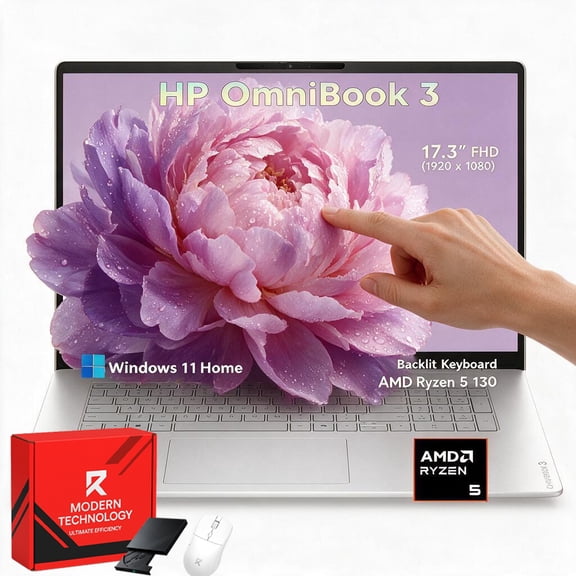 HP OmniBook 3 17.3" FHD Touchscreen Business Laptop, AMD Ryzen 5 130 APU, 16GB RAM, 1TB SSD, Backlit Keyboard, Windows 11 Home w/Accessory