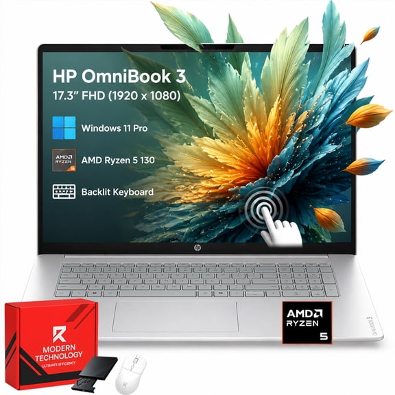 HP OmniBook 3, 17.3'' FHD Touchscreen Laptop, 16GB RAM, 1TB SSD, Backlit Keyboard, Windows 11 Pro, Ryzen 5 130, Copilot AI Computer for Business w/Accessory
