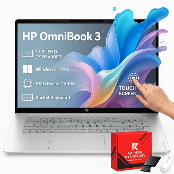 HP OmniBook 3 17.3" Touchscreen Business Laptop, AMD Ryzen 5 130 APU, 32GB RAM, 1TB SSD, Backlit Keyboard, 17 inch FHD IPS 300 Nits Display, Windows 11 Pro w/Accessory
