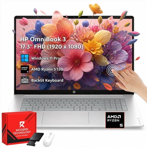 HP OmniBook 3 17-inch FHD Touchscreen Laptop Computer, 16GB DDR5, 1TB SSD, AMD Ryzen 5 130, Backlit Keyboard, Radeon 660M Graphics, Windows 11 Pro w/Accessory