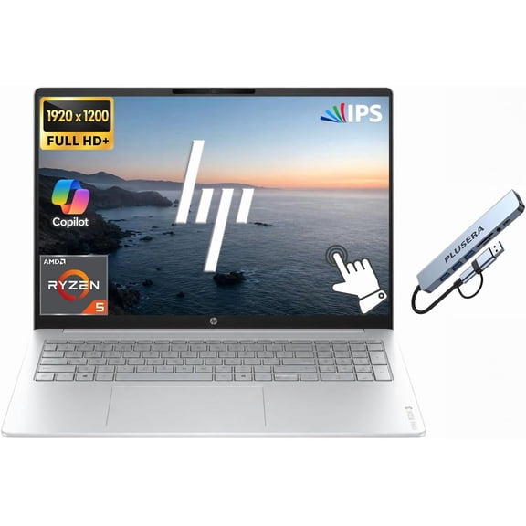 HP OmniBook 3 Touchscreen Business Laptop Computer, 16" WUXGA IPS Display, Windows 11 Pro, 512GB PCIe SSD, 8GB RAM LPDDR5, AMD Ryzen 5 40 Processor, Numeric Keypad, PLUSERA 8-in-1 Hub, Glacier Silver