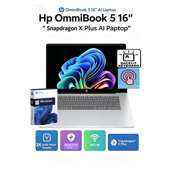 HP OmniBook 5 16”AI Laptop, Snapdragon X Plus X1P-42-100, 32GB LPDDR5x-8448 MT/s RAM, 512GB SSD, 2K OLED Touch Display,Up to 34 Hours Battery ,Backlit Keyboard,WiFi 6E,Windows 11 Home,Glacier silver