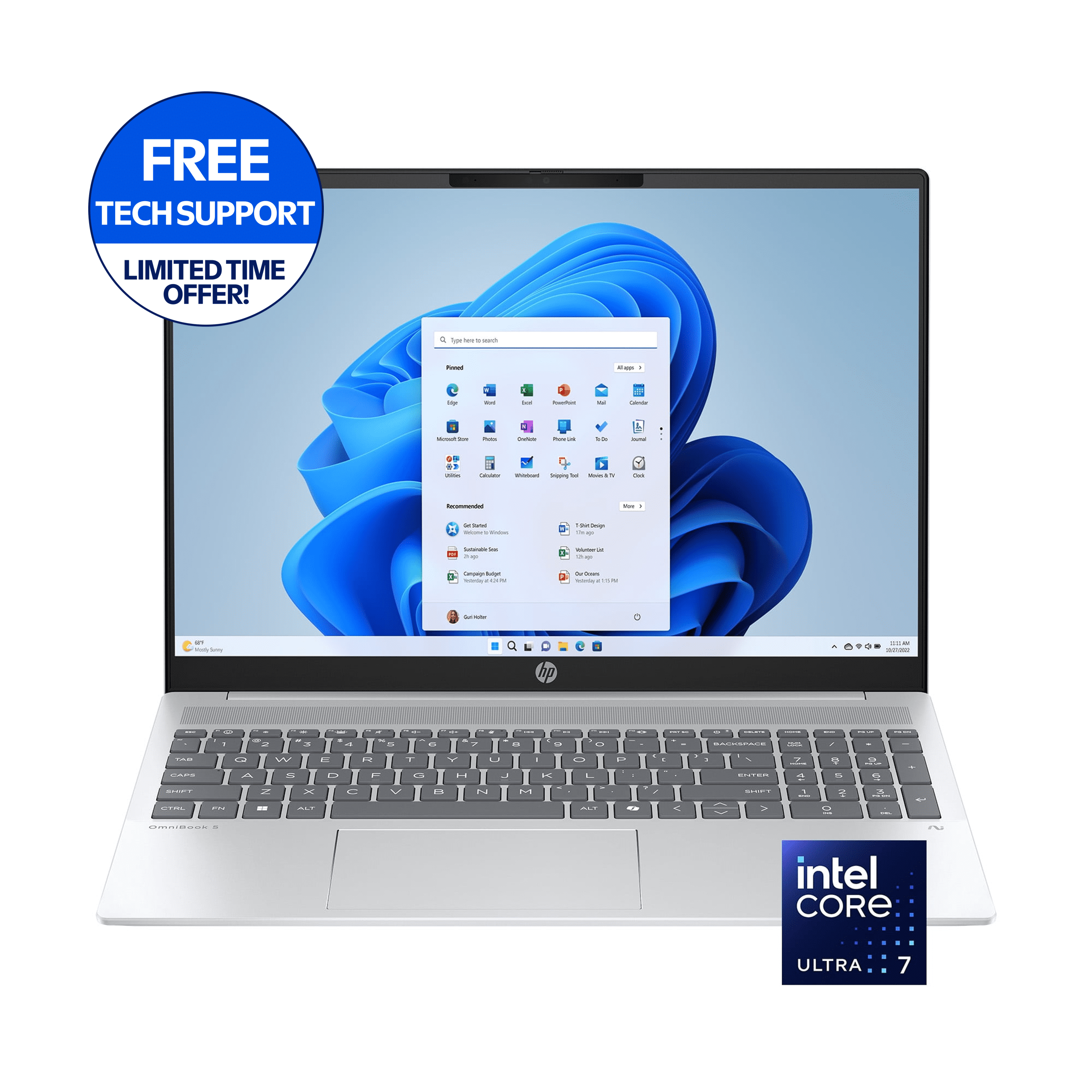 HP OmniBook 5 16 inch 2K Touch Laptop AI PC Intel Core Ultra 7 255U 16GB RAM 1TB SSD Glacier Silver