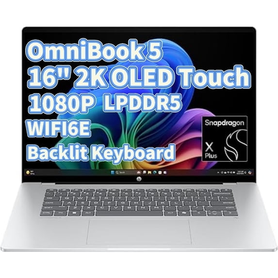 HP OmniBook 5 16”inch OLED Touch AI Laptop, Snapdragon X Plus Processor, 32GB LPDDR5x-8448 MT/s Memory, 512GB SSD, 2K OLED Touchscreen,Backlit Keyboard,WiFi 6E, Bluetooth 5.3, Windows 11 Pro